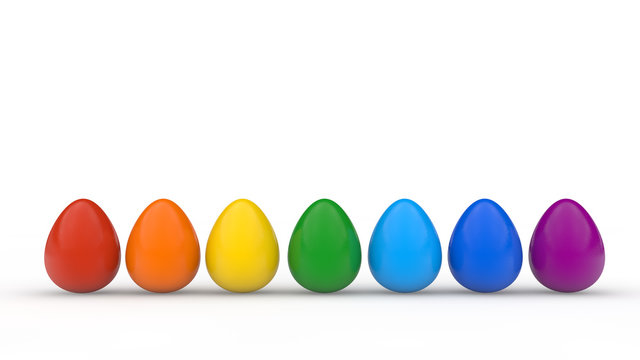 Happy easter poster, rainbow colored realistic eggs, white background, holiday card, isolated