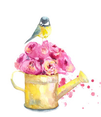 a bouquet of roses and bird Watercolor painting. Can be used for postcards, prints and design      