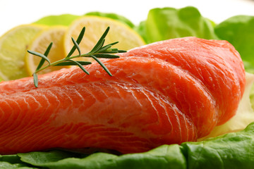 Composition with fresh raw salmon fillet