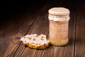 Homemade delicious sausage in jar