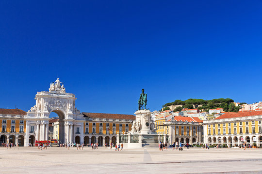 Beautiful image of the gate and statue of  King Jose on the Commerce square (Praca do Comercio) in Lisbon, Portugal