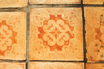 Close up image of the beautifully decorated tiles on the houses in the streets of Lisbon, Portugal