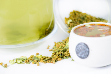 close-up of Japanese tea with rice Genmaicha and brewed tea in a