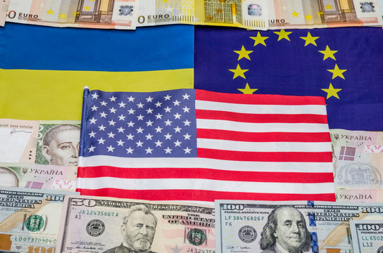 flags of America of Europe and Ukraine with money