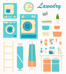 Laundry set with washing machine, iron, ironing board, clothes pole in flat style. Vector illustration
