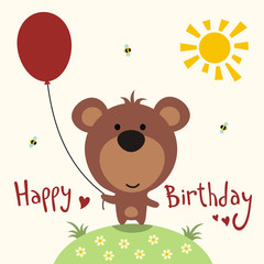 Happy birthday card, funny bear with balloon, handwritten text