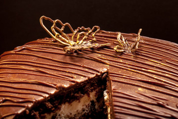 Chocolate cake on slate plate on black background. Selective foc
