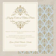 Wedding invitation. Decorative floral frame and monogram.