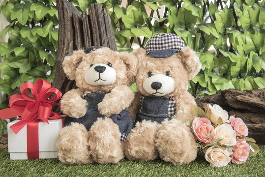 couple teddy bears with rose and present