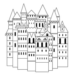 Fairy medieval castle. Vintage black and white hand drawn vector illustration in line art style