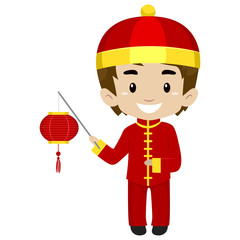 Illustration of a Boy wearing Chinese Costume holding Chinese Lantern