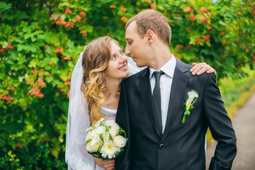 Bride and groom outdoors on a wedding day