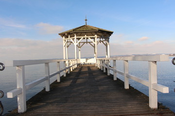 Famous wooden pier gazebo in Lake Constance (Bodensee) in Bregenz,Vorarlberg, Austria.