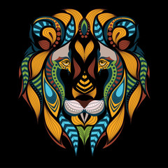 Patterned colored head of a lion. African / indian / totem / tattoo design. It may be used for design of a t-shirt, bag, postcard and poster.