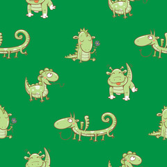 Fairy seamless pattern with cute cartoon dragons on green  background. Vector image.
