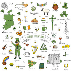 Happy St. Patrick's Day! Hand drawn doodle Ireland set Vector illustration Sketchy Irish traditional food icons elements Flag Map Celtic Cross Knot Castle Leprechaun Shamrock Harp Pot of gold