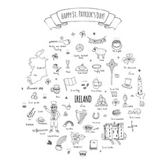 Happy St. Patrick's Day! Hand drawn doodle Ireland set Vector illustration Sketchy Irish traditional food icons elements Flag Map Celtic Cross Knot Castle Leprechaun Shamrock Harp Pot of gold