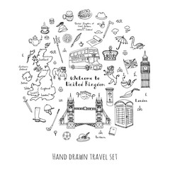 Hand drawn doodle United Kingdom set Vector illustration UK icons  Welcome to London elements British symbols collection Tea Bus Horse riding Golf Crown Beer Lion Bulldog London bridge Big Ben Tower