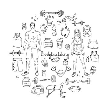 Hand drawn doodle Bodybuilding set Vector illustration sport icons Body building elements Fitness symbols collection Sport equipment Fitness and gym design Strong man and fit woman Weight lifting gear
