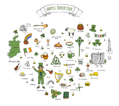 Happy St. Patrick's Day! Hand drawn doodle Ireland set Vector illustration Sketchy Irish traditional food icons elements Flag Map Celtic Cross Knot Castle Leprechaun Shamrock Harp Pot of gold