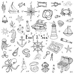Hand drawn doodle Boat and Sea set Vector illustration boat icons sea life concept elements Ship symbols collection Marine life Nautical design Underwater life Sea animals Sea map Spyglass Magnifier