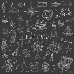 Hand drawn doodle Boat and Sea set Vector illustration boat icons sea life concept elements Ship symbols collection Marine life Nautical design Underwater life Sea animals Sea map Spyglass Magnifier