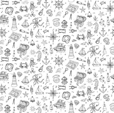 Seamless background hand drawn doodle Boat and Sea icons set Vector illustration Sea life elements Ship symbols collection Marine life Nautical design Underwater Sea animals Sea map Spyglass Magnifier