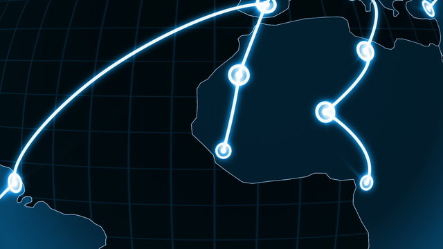 Flying around the World with the Growing Global Network. Lines and Dots. Business and Technology Concept 3d animation. HD 1080. Black background.