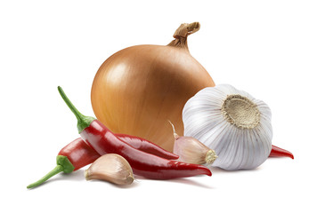 Onion garlic chili pepper isolated on white background