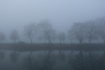 Foggy weather in Lake Constance (Bodensee) in Bregenz, Vorarlberg, Austria.