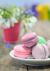 still life with macaroons and spring flowers