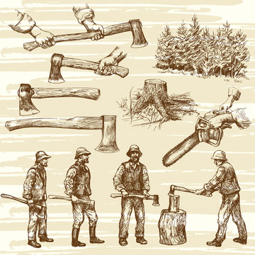 Lumberjacks, Cutting Wood - Hand Drawn Collection