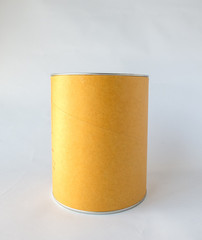 Single Metal Tin Can with Blank Abstract Brown Recycle Paper Covered used as Template to input Text for Food Storage Product on White Background