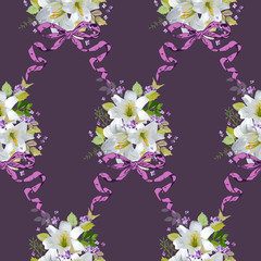 Spring Lily Flowers Background - Seamless Floral Shabby Chic Pattern