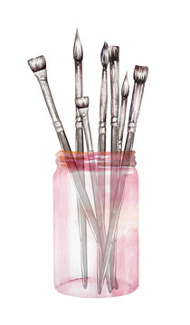 An image, illustration of a paint (artistic) brushes in a glass jar, painted in a watercolor on a white background