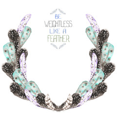 A wreath of the feathers painted in a watercolor on a white background, decoration postcard or invitation, a place for text