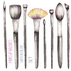 A set with the makeup brushes. All elements were hand-drawn in a watercolor on a white background.