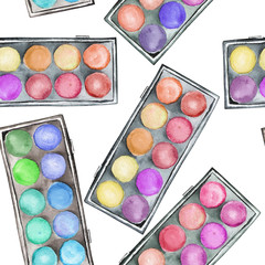A seamless pattern with the makeup eyeshadow palettes. All elements were hand-drawn in a watercolor on a white background.