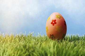 Rot angemaltes Osterei mit Blumen im Gras vor blauem Himmel mit