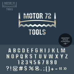 Silver retro logo for motor service. Vector set of letters, numbers and symbols.