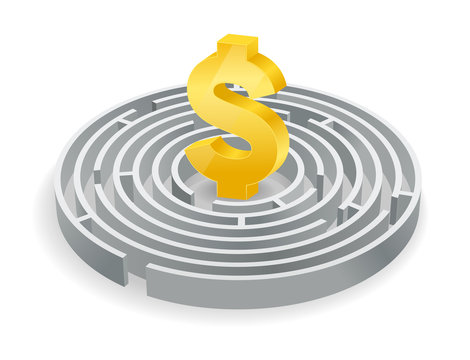 Golden Dollar Symbol In Round Maze Vector Illustration