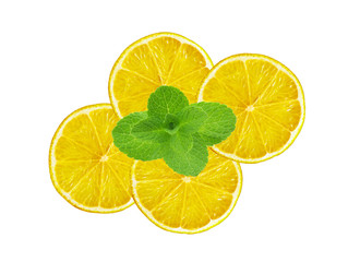 fresh slices lemon with leaf mint isolated on white