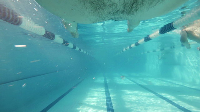 BREASTSTROKE: An athlete is swimming in a swimming pool (underwater view - action cam)

