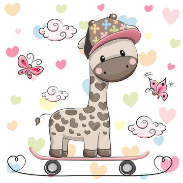 Cute Giraffe with skateboard