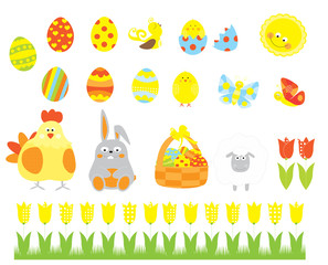Easter elements collection with easter eggs, basket, cute bunny , tulip, chick / vectors set for children