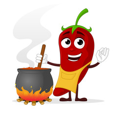 Happy chili pepper mascot cooking chili - obrazy, fototapety, plakaty