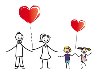 Fröhliche Familie beim Feiern mit roten Herzluftballons, Eltern mit Kindern, Geschwister
