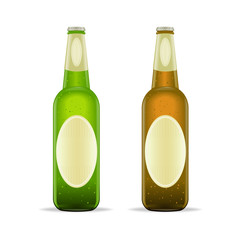 Two beer bottles green and brown isolated on white