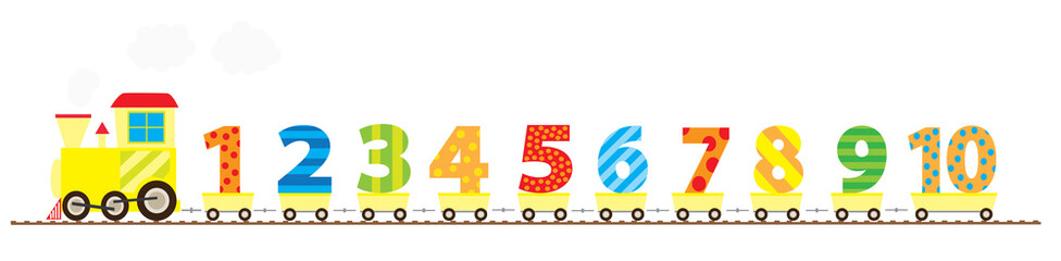 cartoon simple math train with numbers 1 -10  and steam / vector illustration for children