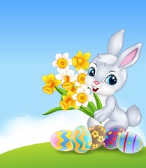 Fototapeta premium Cartoon happy bunny holding flower with colourful Easter eggs